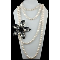 Large Fresh Water Pearl Layered Necklace with Austrian Crystal Flower