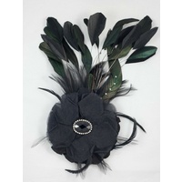Black Organza Flower Feather and Crystal Fascinator on Comb
