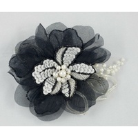 Black & Silver Handmade Organza Flower Faux Pearl Sequins & Crystal Fascinator