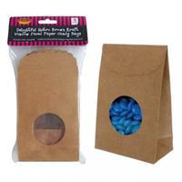 Pack of 4 Brown Kraft Paper Window Faced Candy Lolly Party Bags - 14cm x 9.5cm x 5cm