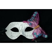 White Venetian Costume Mask with Pink Butterfly Masquerade Party 
