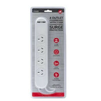 POWER 4 Way Outlet Switched Surge Protected 2400W Power Board w/1m Cable/2 USB Port